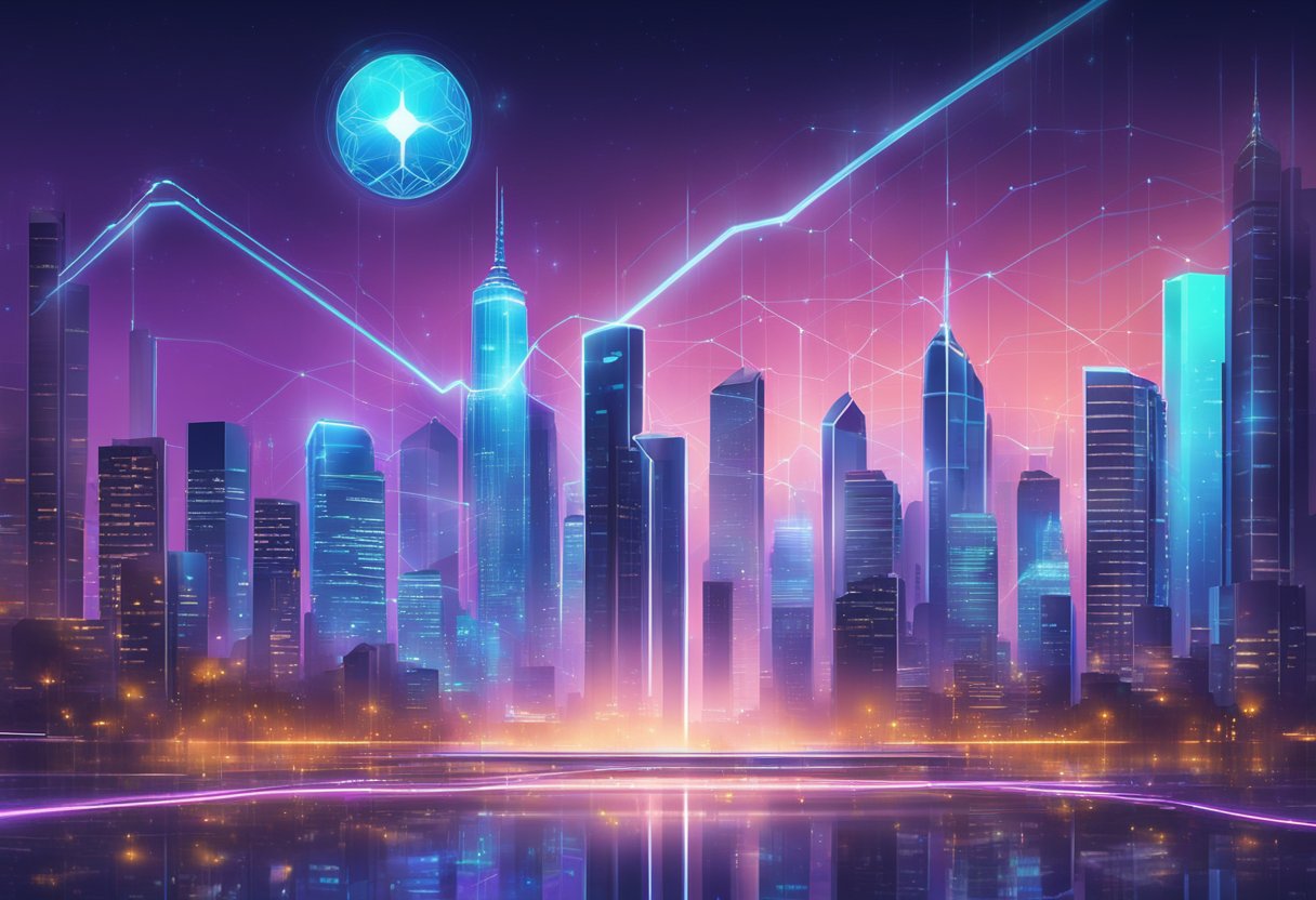 Cakrawala kota futuristik dengan hologram grafik harga XRP diproyeksikan di udara. Rasa antisipasi dan kegembiraan di atmosfer