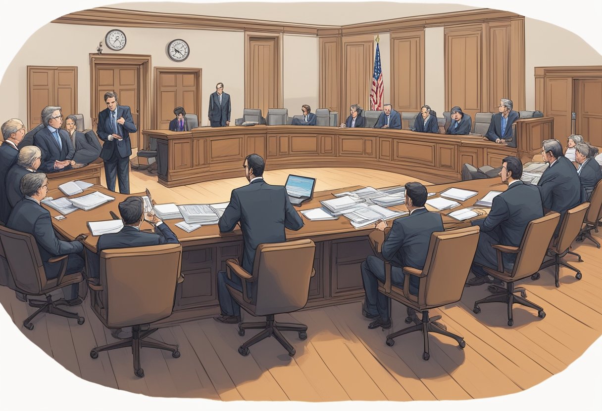 The courtroom is filled with tension as lawyers from Ripple and the SEC prepare for a potential settlement. Documents and evidence are spread out on the table, while both parties engage in intense discussions