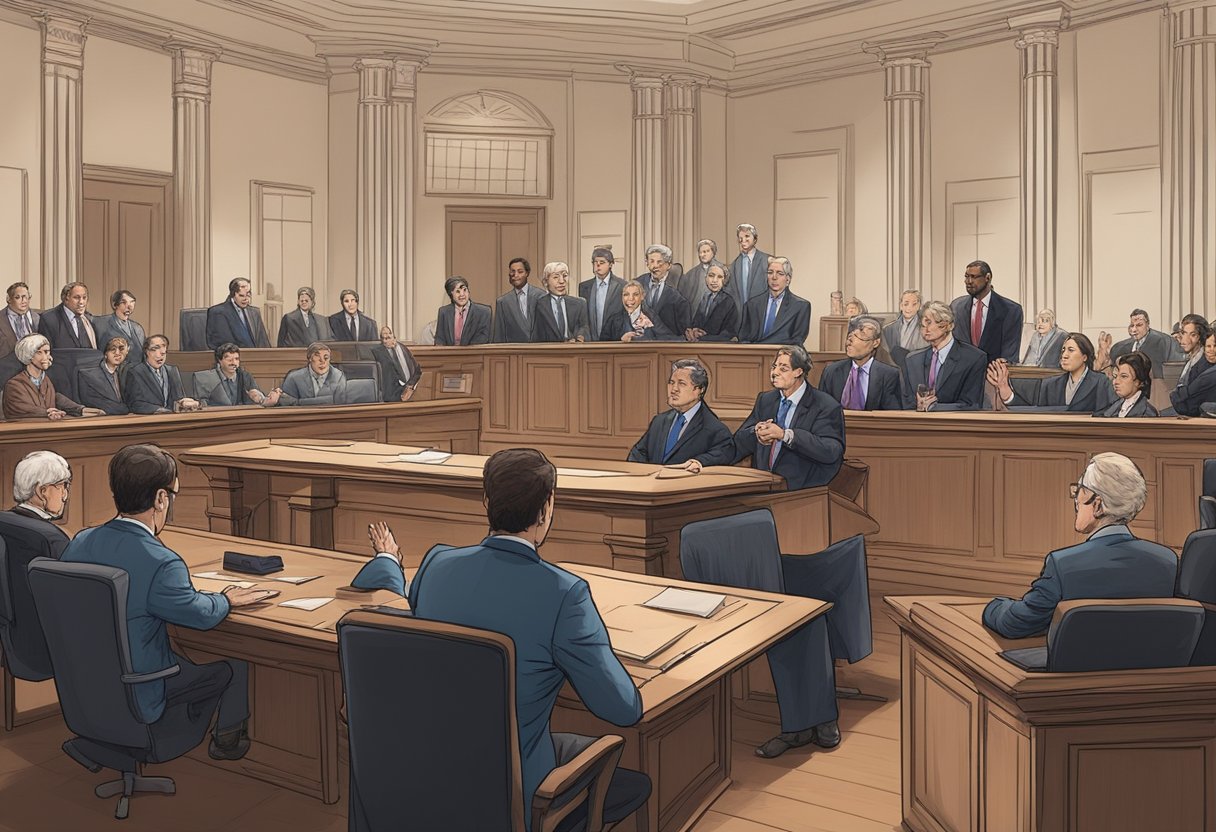 A cena mostra um tribunal com um juiz presidindo uma negociação de acordo entre Ripple e a SEC. Advogados de ambos os lados apresentam seus argumentos, enquanto especialistas financeiros e repórteres observam os procedimentos