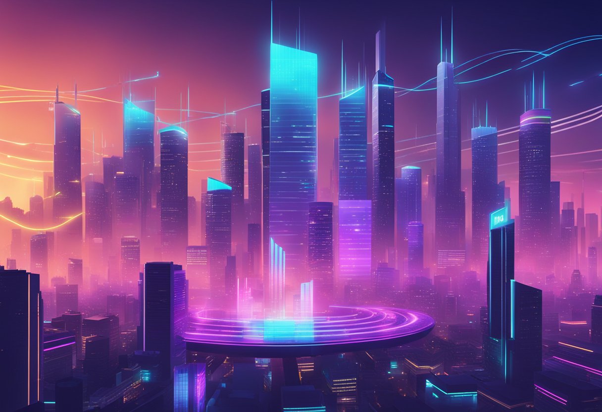 Cakrawala kota futuristik dengan grafik harga digital melayang di udara, logo XRP terpampang jelas di gedung-gedung. Terang, lampu neon dan rasa kemajuan teknologi