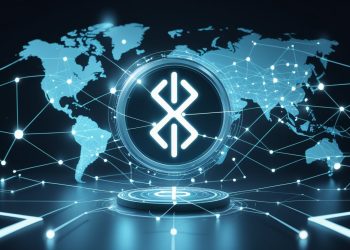 A glowing XRP coin symbol at the center connected by digital lines to a world map with illuminated financial hubs, representing global payment networks.