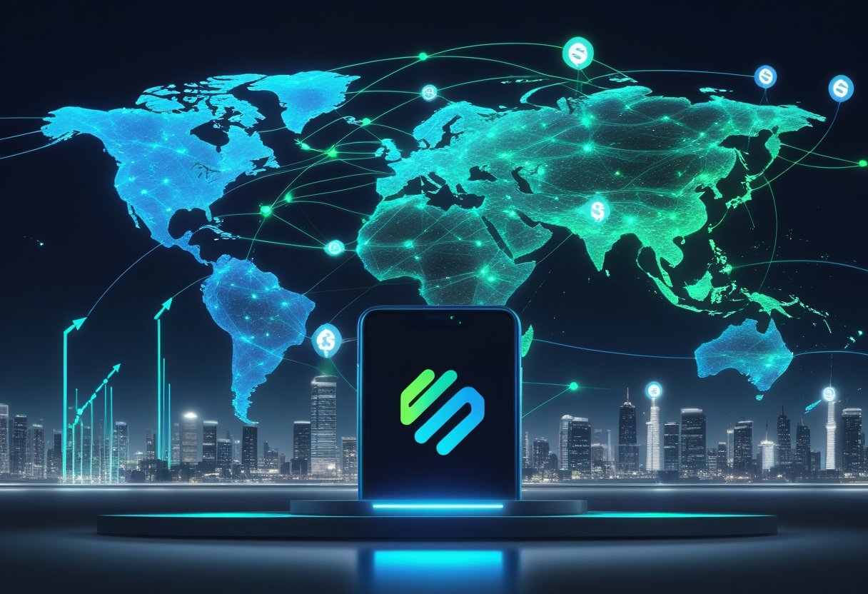 A global map with glowing digital payment lines connecting major cities, featuring a stylized XRP logo integrated into the network and abstract graphs indicating growth in global payments.